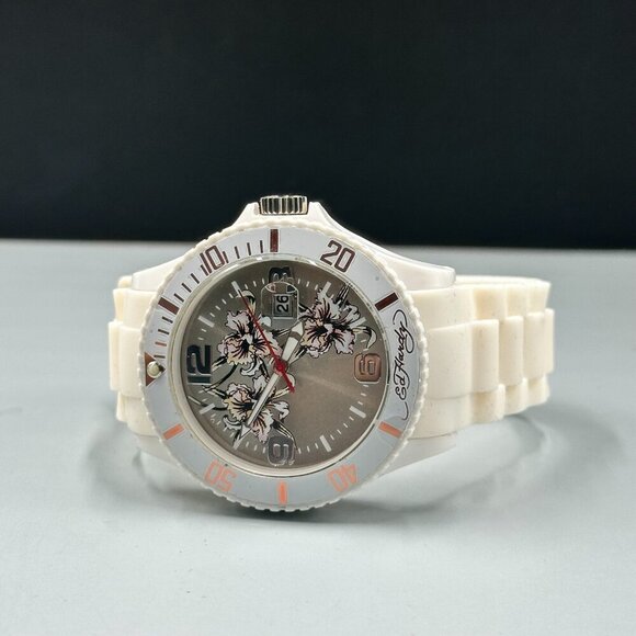 Ed Hardy Watch Women White Silver Floral Dial Silicone Band New Battery main image 12